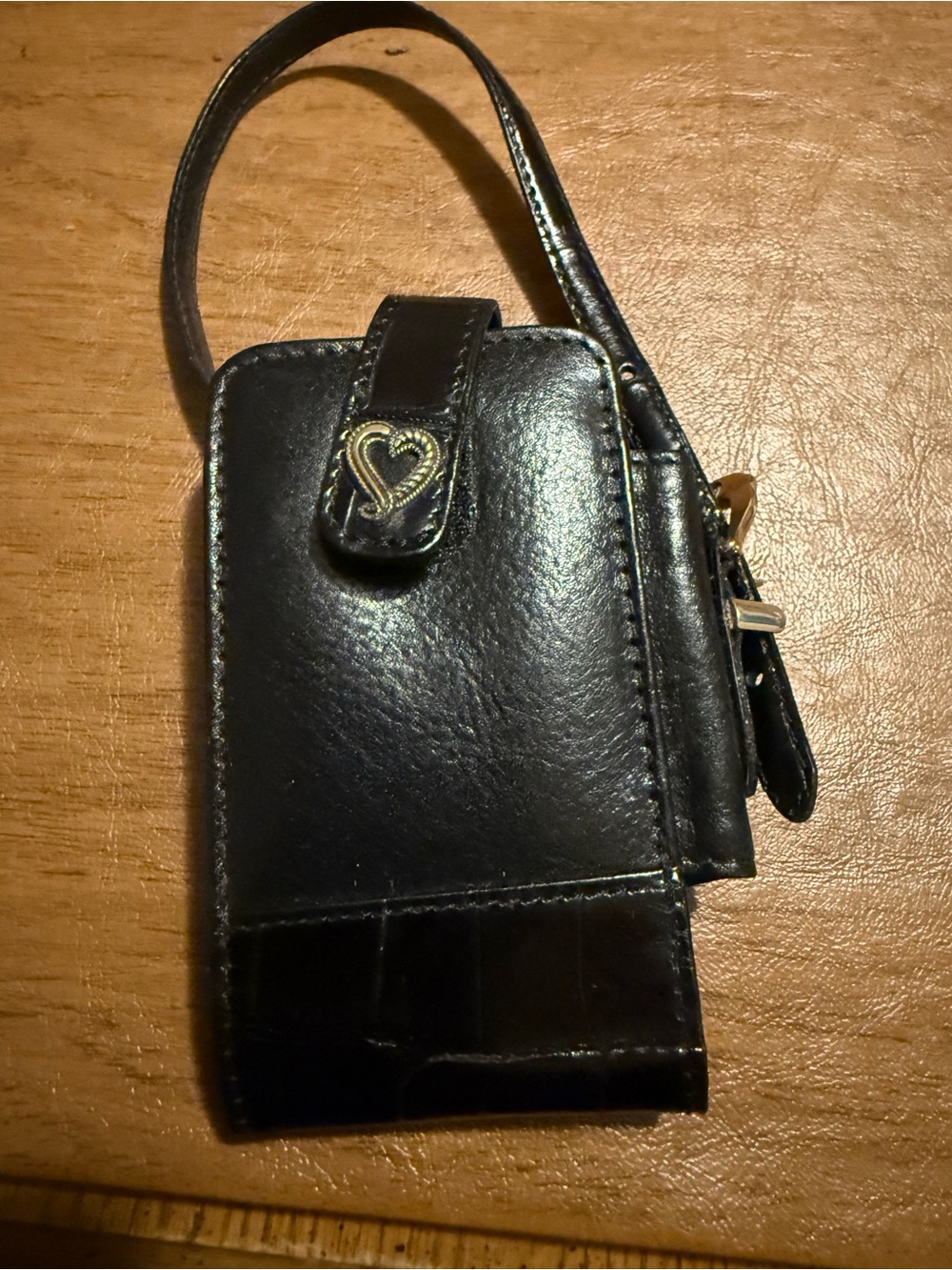 Black Leather Wristlet Phone Pouch with Heart Accent